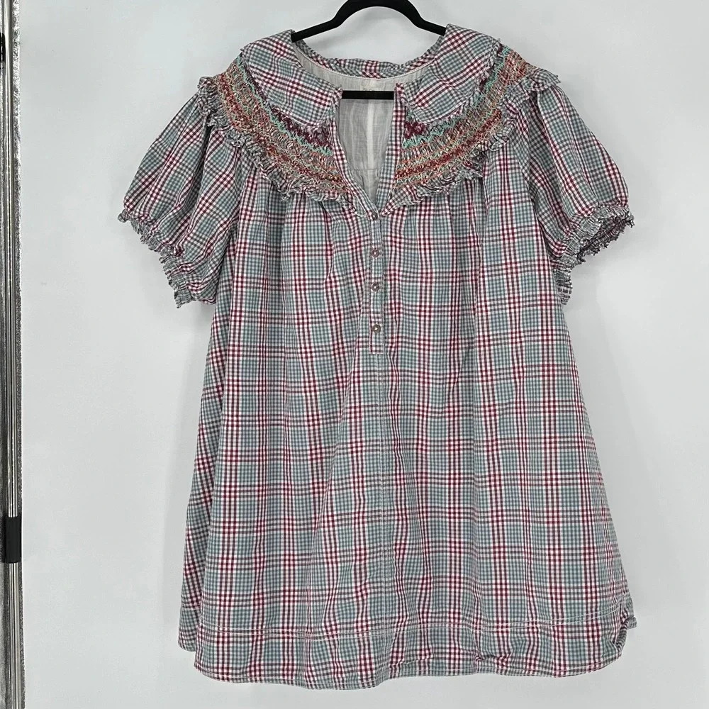 Pilcro Anthropologie Short Sleeve V Neck Smocked Babydoll Mini Dress Pockets 3X - Picture 2 of 6